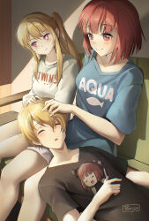  1boy 2girls :o absurdres arima_kana black_shirt blonde_hair blue_shirt blush bob_cut breasts brother_and_sister character_name closed_eyes closed_mouth collarbone commentary commission couch couple hand_in_another&#039;s_hair highres hoshino_aquamarine hoshino_ruby indoors inverted_bob lap_pillow long_hair medium_breasts medium_hair mismatched_pupils multiple_girls no_pupils one_eye_closed open_mouth oshi_no_ko parisa_reaz pink_eyes pout red_eyes red_hair shade shirt short_hair short_sleeves shorts siblings sitting smile star-shaped_pupils star_(symbol) symbol-shaped_pupils twins white_shirt white_shorts  rating:General score:11 user:danbooru