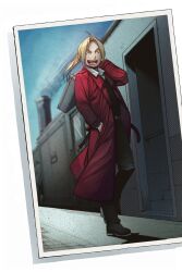  1boy absurdres black_pants black_shirt blonde_hair closed_eyes coat edward_elric fullmetal_alchemist highres long_hair long_sleeves male_focus micao1750 outdoors pants photo_(object) ponytail red_coat shadow shirt smile smoke solo suitcase train train_station_platform 