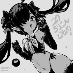  1girl ahoge backbeako_(torotei) backbeard blush breasts commentary_request cropped_shirt dated dated_commentary gegege_no_kitarou gloves greyscale hair_over_one_eye hair_ribbon hands_up kono_lolicon_domome loli long_hair looking_at_viewer monochrome navel neckerchief no_pants ok_sign one_eye_closed open_mouth original panties pointy_ears ribbon shirt side-tie_panties simple_background sleeveless sleeveless_shirt small_breasts solo stomach thighhighs torotei twintails underwear watermark web_address 