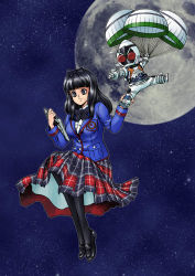 1girl black_bow black_bowtie black_eyes black_footwear black_hair black_pantyhose blazer blue_jacket blunt_bangs bodysuit bow bowtie breast_pocket buttons closed_mouth flying_sweatdrops full_body hair_bow holding iwa iwa_(nanakakusui) jacket kamen_rider kamen_rider_fourze kamen_rider_fourze_(series) loafers long_sleeves moon nozama_tomoko outstretched_arm pantyhose parachute plaid plaid_skirt pocket shoes skirt sky smile space star_(sky) starry_sky tablet_pc 