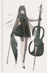  1girl absurdres ambience_synesthesia arknights black_dress black_footwear black_gloves black_hair black_halo blunt_bangs bow_(music) closed_mouth detached_wings dress full_body gloves grey_eyes halo highres hime_cut holding holding_bow_(music) holding_instrument holding_violin instrument long_hair looking_at_viewer muted_color official_alternate_costume shoes solo very_long_hair violin virtuosa_(arknights) wings yuishironeko 