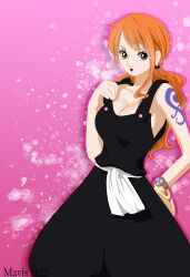  1girl absurdres adjusting_clothes artist_request bracelet breasts cleavage earrings female_focus hair_tie hand_on_own_hip highres jewelry large_breasts long_hair looking_at_viewer nami_(one_piece) one_piece open_mouth orange_eyes orange_hair signature simple_background solo standing stud_earrings tattoo  rating:Questionable score:4 user:Rynerdk