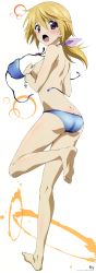 10s 1girl absurdres ass barefoot bikini blonde_hair blue_bikini blush breasts butt_crack charlotte_dunois covering_privates covering_breasts d: dimples_of_venus flat_ass full_body hair_ribbon highres infinite_stratos leg_up long_hair long_legs looking_at_viewer looking_back open_mouth ponytail purple_eyes ribbon sideboob standing swimsuit tongue wardrobe_malfunction rating:Questionable score:54 user:danbooru