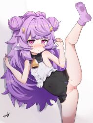  1girl absurdres anus bare_shoulders bell blush boppin bottomless cleft_of_venus covered_erect_nipples covered_navel double_bun feet female_focus hair_bun highres leg_up loli long_hair looking_at_viewer mole muu_muyu phase_connect pink_eyes purple_hair pussy shirt sleeveless sleeveless_shirt socks soles solo spread_legs virtual_youtuber white_background  rating:Explicit score:152 user:graalian