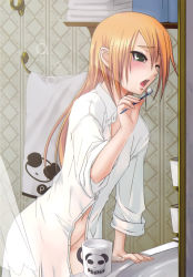1girl absurdres arc_system_works blazblue blonde_hair blush brushing_teeth cup dress_shirt green_eyes highres lao_jiu leaning_forward long_hair mug naked_shirt navel no_panties noel_vermillion official_art one_eye_closed open_clothes open_shirt panda saliva see-through shirt sleeves_rolled_up solo tears toothbrush towel wince wink rating:Questionable score:72 user:danbooru
