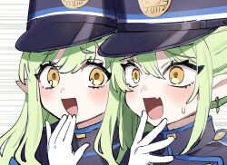  2girls black_hat black_shirt black_tail blue_archive blush closed_mouth earrings fang gloves green_hair green_halo halo hashtag-only_commentary hat hikari_(blue_archive) nozomi_(blue_archive) jewelry kimoi_girls_(meme) long_hair long_sleeves looking_at_another meme multiple_girls open_mouth parody peaked_cap pointy_ears sakura_yuki_(clochette) shirt skin_fang smile speed_lines twintails white_background white_gloves yellow_eyes 