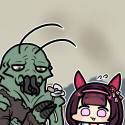  1girl alien animal_ears blunt_bangs bow brown_hair commentary district_9 ear_bow ear_covers flower flying_sweatdrops hairband holding holding_flower horse_ears horse_girl jazz_jack lowres nishino_flower_(umamusume) outline pink_bow pink_hairband prawn_(district_9) purple_eyes sailor_collar short_hair striped striped_bow two-tone_bow umamusume white_bow white_flower white_sailor_collar wide_face 