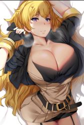  1girl artist_request blonde_hair breasts cleavage highres huge_breasts large_breasts looking_at_viewer rwby yang_xiao_long  rating:Questionable score:89 user:emptygrave