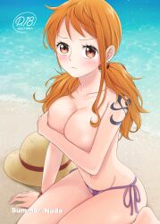  1girl absurdres arm_tattoo artist_request beach bikini bikini_bottom_only bracelet breasts cleavage closed_mouth collarbone content_rating cover cover_page covering_breasts covering_privates doujin_cover english_text female_focus hat highres jewelry large_breasts long_hair looking_at_viewer matching_hair/eyes nami_(one_piece) navel ocean one_piece orange_eyes orange_hair ponytail purple_bikini sand sitting solo straw_hat swimsuit tattoo wariza 