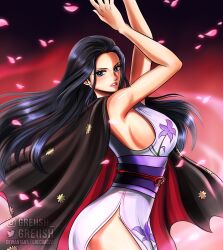  1girl arms_up black_hair blue_eyes breasts commentary cowboy_shot english_commentary eyelashes floral_print_kimono greciiagzz hair_slicked_back haori highres instagram_logo instagram_username japanese_clothes kimono large_breasts long_hair looking_at_viewer nico_robin obi one_piece petals pink_petals profile purple_sash sash side_slit sideboob sidelocks sleeveless sleeveless_kimono solo twitter_logo twitter_username 