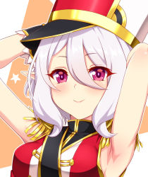  1girl armpits arms_behind_head arms_up band_uniform bang_dream! blush breasts commentary_request cosplay elf epaulettes hair_between_eyes hat itou_miku kokkoro_(princess_connect!) looking_at_viewer name_connection orange_background pink_eyes pointy_ears princess_connect! red_shirt sash shako_cap shirt sidelocks silver_hair sleeveless sleeveless_shirt small_breasts smile solo star_(symbol) surume_(clavis) tsurumaki_kokoro tsurumaki_kokoro_(cosplay) two-tone_background upper_body voice_actor_connection white_background white_shirt wrist_cuffs 