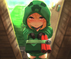  1girl at2. blonde_hair blush bomb cowboy_shot creeparka creeper cupa_(at2.) doorway dynamite explosive gift giving gloves heart highres hood hoodie incoming_gift looking_at_viewer minecraft parka personification pov pov_doorway red_eyes short_hair solo thighhighs valentine  rating:Sensitive score:182 user:danbooru