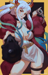  1girl aiming aiming_at_viewer belt black_background blue_hair border charmiisan choker closed_mouth club club_(weapon) coat cowboy_shot cuffs dress earrings floating_hair fur_coat green_background hair_ornament handcuffs highres holding holding_handcuffs holding_weapon horns jewelry kanabou looking_at_viewer multicolored_hair one_piece orange_eyes plunging_neckline ponytail red_horns sidelocks smile solo thigh_strap twitter_username weapon white_dress yamato_(one_piece) yellow_belt yellow_border 
