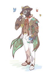  1boy black_gloves blue_butterfly brown_suit bug butterfly butterfly_on_arm butterfly_on_hand butterfly_on_shoulder commentary_request formal gloves green_butterfly highres holding_butterfly honkai:_star_rail honkai_(series) insect krakrignmr looking_at_animal male_focus monocle pants red_butterfly robot screwllum_(honkai:_star_rail) suit white_background white_footwear white_pants yellow_butterfly 