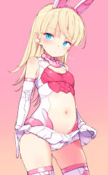  1girl 30_minutes_sisters absurdres animal_ears blonde_hair blue_eyes breasts clothes_lift clothing_cutout elbow_gloves fake_animal_ears gloves gluteal_fold highres leotard lifted_by_self lirinel_(30ms) long_hair microskirt navel pink_background pink_leotard rabbit_ears shimada_fumikane simple_background skirt skirt_lift small_breasts solo stomach_cutout thighhighs thighs two-tone_leotard white_gloves white_leotard white_skirt white_thighhighs 