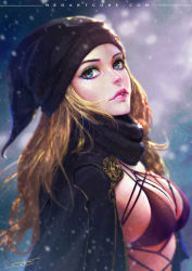 1girl blonde_hair blue_eyes breasts coat freckles from_side hat lip_piercing lips long_hair looking_at_viewer neoartcore nose_piercing nose_ring piercing signature skindentation solo rating:Sensitive score:72 user:danbooru