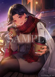 1girl :d bag belt bench black_hair black_pantyhose breasts brown_belt brown_dress building coat coat_on_shoulders copyright_notice cup dark-skinned_female dark_skin disposable_cup dress earrings feet_out_of_frame fingernails fringe_trim holding holding_cup incoming_drink jewelry large_breasts long_fingernails long_hair long_sleeves looking_at_viewer mole mole_under_eye multicolored_nails multiple_moles nail_polish nijisanji nijisanji_en official_art on_bench open_mouth outdoors pantyhose park_bench parted_bangs pencil_dress plaid plaid_scarf red_eyes red_nails red_scarf riz3 sample_watermark scarf scarle_yonaguni shopping_bag sitting smile solo sweater sweater_dress teeth upper_teeth_only virtual_youtuber watermark wavy_hair white_coat white_nails  rating:General score:3 user:danbooru
