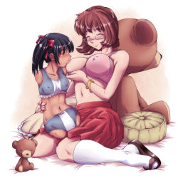 2girls ^_^ age_difference amputee black_hair blush bow bracelet breast_sucking breastfeeding breasts brown_hair closed_eyes covered_erect_nipples gammatelier glasses hair_bow highres jewelry large_breasts loli multiple_girls onee-loli original panties pillow quadruple_amputee scar short_hair short_twintails sitting smile socks stuffed_animal stuffed_toy teddy_bear twintails underwear wariza yuri rating:Questionable score:111 user:danbooru