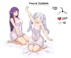  2girls barefoot bed breasts closed_eyes fern_(sousou_no_frieren) frieren jk_arts large_breasts long_hair multiple_girls nightgown pointy_ears purple_eyes purple_hair sleepwear sousou_no_frieren stretching twintails white_hair  rating:Sensitive score:17 user:danbooru