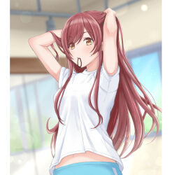  1girl adjusting_hair arms_up awazake_(2wairu) blue_shorts blurry blurry_background breasts brown_eyes brown_hair day hair_tie hair_tie_in_mouth idolmaster idolmaster_shiny_colors indoors long_hair midriff_peek mouth_hold osaki_amana shirt short_sleeves shorts small_breasts solo standing white_shirt 