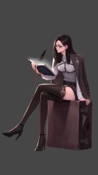  1girl artist_request black_hair character_request feathers glasses high_heels highres jewelry crossed_legs open_mouth pen quill skirt solo source_request suitcase tagme  rating:Sensitive score:6 user:juubi0000