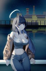  1girl absurdres alternate_costume bare_shoulders black_hair blue_eyes blue_hair blue_pants blunt_bangs breasts brown_jacket camisole cleavage colored_inner_hair crop_top denim hair_intakes halo highleg highleg_panties highres hololive hololive_english jacket jeans large_breasts light_smile long_hair looking_at_viewer mechanical_halo multicolored_hair navel night off_shoulder official_alternate_hairstyle open_clothes open_jacket ouro_kronii panties pants panty_straps pier radi_(pixiv_88192217) solo star_(sky) underwear very_long_hair virtual_youtuber water white_camisole 