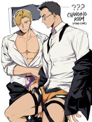  2boys ao_isami bare_pectorals bespectacled black_hair blonde_hair boxer_briefs bravern character_print cowboy_shot dressing english_text facial_hair formal glasses highres implied_yaoi komodo1234567 lewis_smith looking_at_viewer male_focus male_underwear multiple_boys necktie official_alternate_costume pectorals print_male_underwear sideburns_stubble sitting stubble suit thick_eyebrows thighs toned toned_male underwear undone_necktie yuuki_bakuhatsu_bang_bravern 