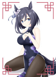  1girl alternate_costume animal_ears bare_shoulders black_dress black_footwear black_hair black_pantyhose breasts china_dress chinese_clothes cleavage cleavage_cutout clothing_cutout commentary_request dress ear_ornament eishin_flash_(umamusume) floral_print grey_eyes gurukorian hair_between_eyes highres horse_ears horse_girl horse_tail large_breasts looking_at_viewer pantyhose short_hair simple_background sleeveless sleeveless_dress solo squatting tail umamusume white_background  rating:Sensitive score:2 user:danbooru