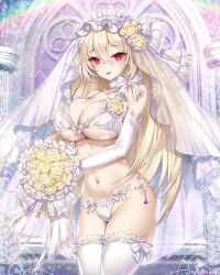  1girl :d bare_shoulders blonde_hair blush bouquet bow bra breasts bridal_veil cleavage commission elbow_gloves flower frills gloves holding holding_bouquet huge_breasts long_hair looking_at_viewer munlu_(wolupus) navel open_mouth original panties purple_flower rainbow red_eyes skeb_commission smile solo thighhighs underwear veil wedding white_bow white_bra white_gloves white_panties white_thighhighs yellow_flower 
