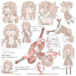  &gt;_&lt; 1girl :d @_@ absurdres blood blood_on_clothes blood_on_face blood_on_shoes bow character_sheet cracking_knuckles crazy_eyes cropped_torso dress flat_color hair_bow handstand highres ice_skates light_brown_hair looking_at_viewer low_twintails masikakuma off-shoulder_shirt off_shoulder open_mouth original pants pants_under_dress shirt side_ponytail simple_background skates smile solo standing translation_request twintails white_background white_pants white_shirt 
