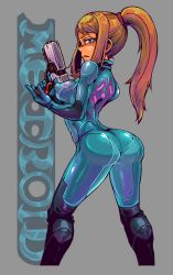 1girl arched_back ass bad_id bad_pixiv_id blonde_hair bodysuit copyright_name covered_erect_nipples from_side gun highres long_hair looking_back metroid nintendo ponytail samus_aran skin_tight solo tagane twisted_torso weapon zero_suit rating:Questionable score:115 user:danbooru