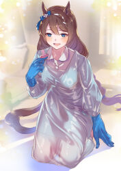  1girl alternate_costume blue_bow blue_eyes blue_gloves blush bow braid brown_hair collared_dress commentary_request commission doushi_tatsu_to_dekkai_no dress ear_bow gloves hair_between_eyes highres holding_pacifier indoors kneeling latex long_hair multicolored_hair on_ground open_mouth pacifier pixiv_commission rubber_gloves smile solo streaked_hair super_creek_(umamusume) umamusume very_long_hair white_dress white_hair 