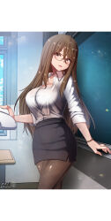 1girl blush breasts brown_eyes brown_hair brown_pantyhose classroom cleavage glasses large_breasts long_hair looking_at_viewer megadeko open_mouth original pantyhose smile solo teacher