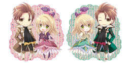 2boys 2girls alvin_(tales) blonde_hair boots brown_eyes brown_hair chibi coat ascot cropped_jacket doll dress dual_persona elize_lutus frills full_body green_dress green_eyes hand_in_pocket jewelry knee_boots multiple_boys multiple_girls necklace pants purple_dress short_hair smile striped striped_background tales_of_(series) tales_of_xillia teepo_(tales) tsubaki_metasu wink rating:Sensitive score:3 user:danbooru