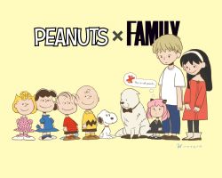  4girls 5boys anya_(spy_x_family) bond_(spy_x_family) brother_and_sister charles_schulz_(style) charlie_brown child crossover dog english_text father_and_daughter highres husband_and_wife linus_van_pelt lucy_van_pelt mother_and_daughter multiple_boys multiple_girls name_connection peanut peanuts_(comic) phukchee_(wunvarnn) sally_brown siblings smile snoopy spy_x_family thought_bubble twilight_(spy_x_family) yellow_background yor_briar  rating:General score:17 user:danbooru
