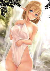 1girl absurdres bare_arms bare_shoulders blonde_hair blue_eyes blush breasts closed_mouth collarbone covered_navel covering_privates cowboy_shot day elf embarrassed groin hair_between_eyes hand_up highres holding kekemotsu large_breasts looking_at_viewer medium_hair naked_towel nude_cover open_mouth original outdoors pointy_ears rock scan sidelocks solo standing toranoana towel wading water waterfall wet wet_towel white_towel rating:Questionable score:85 user:danbooru