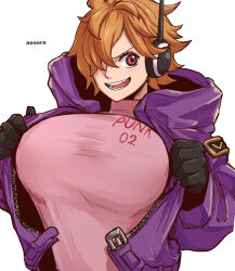  1girl aosora2823 black_gloves blush bodysuit breasts brown_hair female_focus gloves hair_over_one_eye headphones jacket large_breasts looking_at_viewer one_piece open_mouth pink_bodysuit pink_eyes purple_jacket short_hair smile solo spiked_hair vegapunk_lilith  rating:Sensitive score:16 user:Narukovore