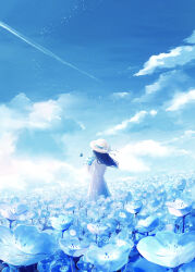  1girl absurdres amenomori_howa backlighting black_hair blue_theme bow bug butterfly cloud contrail dress dutch_angle field flower flower_field hat hat_bow highres horizon insect light_particles looking_afar nemophila_(flower) original outdoors scenery sky solo sun_hat white_dress wind 
