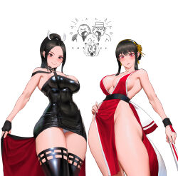  2girls absurdres anya_(spy_x_family) black_dress black_hair black_thighhighs breasts brown_eyes closed_mouth cosplay costume_switch dress fatal_fury folding_fan hand_fan high_ponytail highres holding holding_fan japanese_clothes large_breasts long_hair looking_at_viewer multiple_girls panties parted_lips pelvic_curtain red_eyes shiranui_mai simple_background smile snk spy_x_family the_king_of_fighters thighhighs thighs twilight_(spy_x_family) underwear very_long_hair white_background white_panties wonbin_lee yor_briar  rating:Sensitive score:85 user:danbooru