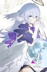  1girl aqua_eyes cacetse closed_mouth detached_sleeves dress earrings gloves hair_between_eyes halo head_wings highres honkai:_star_rail honkai_(series) jewelry long_hair looking_at_viewer musical_note own_hands_clasped own_hands_together purple_dress purple_hair robin_(honkai:_star_rail) short_sleeves simple_background sitting smile solo two-tone_dress white_background white_dress white_gloves white_wings wings 