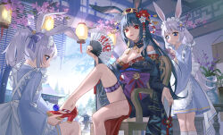  3girls absurdres animal_ears apron architecture blue_eyes blunt_bangs breasts cleavage detached_collar east_asian_architecture grey_hair hand_fan high_heels highres japanese_clothes jyuma kimono long_hair maid medium_breasts mole mole_under_mouth multiple_girls obi off_shoulder original ponytail rabbit_ears red_eyes sash short_hair smile yuujo 