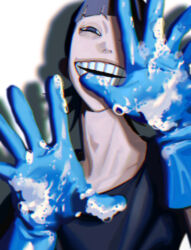  1boy black_eyes black_hair black_shirt blunt_bangs blurry chromatic_aberration commentary commentary_request drop_shadow english_commentary gloves hands_up highres looking_at_viewer male_focus midousuji_akira mixed-language_commentary one_eye_covered open_mouth rubber_gloves shirt short_hair short_sleeves simple_background smile soap_bubbles solo t-shirt tada_(anuanu134) teeth upper_body white_background yowamushi_pedal 