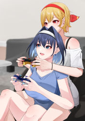  2girls absurdres alternate_costume bare_shoulders blanc_(studio_artblock) blonde_hair blue_bow blue_eyes blue_hair blue_nails blue_shirt blush bow bow_earrings casual collarbone colored_inner_hair commentary controller earrings english_commentary game_controller hair_between_eyes hair_intakes hairband highres holding holding_controller holding_game_controller hololive hololive_english hololive_indonesia jewelry kaela_kovalskia multicolored_hair multiple_girls nail_polish open_mouth ouro_kronii pink_nails red_eyes red_hairband shirt short_hair sitting sitting_on_lap sitting_on_person smile virtual_youtuber white_hairband white_shirt  rating:Sensitive score:11 user:danbooru