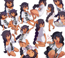  1girl akanbe animal_ears artist_request ass barefoot braid closed_mouth collarbone crying crying_with_eyes_open dark-skinned_female dark_skin eyelid_pull fang fang_out female_focus full_body highres jahy jahy-sama_wa_kujikenai! japanese_text jewelry loli long_hair long_shirt looking_at_viewer looking_back lying multiple_views necklace no_pants open_mouth purple_hair shirt simple_background sitting soles tears thighs toes tongue tongue_out very_long_hair white_background white_shirt  rating:Questionable score:93 user:Kawaki