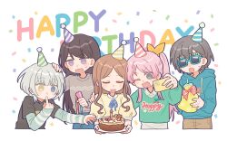  5girls artist_request bang_dream! bang_dream!_it&#039;s_mygo!!!!! birthday_cake black_hair black_shirt blue_eyes blue_hoodie blue_shirt blue_skirt blush brown_hair brown_pants cake chihaya_anon closed_eyes commentary commission fang food green_shirt grey_eyes grey_hair grey_skirt grey_sweater hair_ribbon hand_on_another&#039;s_head happy_birthday hat heterochromia highres holding holding_party_popper hood hood_down hoodie kaname_raana layered_sleeves long_hair long_sleeves mole mole_under_eye multiple_girls mygo!!!!!_(bang_dream!) nagasaki_soyo novelty_glasses one_eye_closed open_mouth pants parted_bangs party_hat party_popper ponytail puffy_short_sleeves puffy_sleeves purple_eyes ribbon second-party_source selfie shiina_taki shirt short_hair short_over_long_sleeves short_sleeves sidelocks skirt sleeves_past_wrists sweatdrop sweater takamatsu_tomori u_u white_hair yellow_eyes yellow_ribbon yellow_shirt 