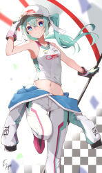  1girl aqua_eyes baseball_cap checkered_background commentary_request double-parted_bangs flag foot_out_of_frame gloves goodsmile_racing green_hair hair_between_eyes hair_ribbon hat hatsune_miku highres holding holding_clothes holding_flag holding_hat jewelry jumpsuit jumpsuit_around_waist long_hair looking_at_viewer midriff navel necklace pink_footwear racing_miku ribbon shirt signature smile solo soyose standing standing_on_one_leg tank_top twintails white_gloves white_hat white_jumpsuit white_ribbon white_shirt wind 