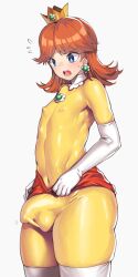  1boy 1futa blue_eyes bodysuit brooch brown_hair bulge covered_erect_nipples elbow_gloves flower flying_sweatdrops futanari gloves highres jewelry mario_(series) nagase_haruhito nintendo princess_daisy skin_tight solo super_mario_land testicles thighhighs trap white_flower white_gloves  rating:Questionable score:51 user:snakesperson