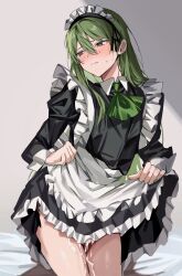  1boy absurdres alternate_costume apron ascot bed black_dress black_eyes blush closed_mouth clothes_lift crossdressing cum dress dress_lift enmaided frilled_dress frills green_ascot green_hair green_nails hair_between_eyes highres lifting_own_clothes lobotomy_corporation long_hair long_sleeves maid maid_headdress male_focus mu46016419 nail_polish netzach_(project_moon) nose_blush on_bed project_moon simple_background solo trap white_apron  rating:Questionable score:56 user:danbooru