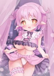  1girl absurdres blush breasts clothes_lift curtains drooling frills heart heart-shaped_pupils highres large_breasts looking_at_viewer mimikkyu_(mimikyunosub) navel open_mouth oppai_loli original panties pink_hair pink_skirt pointy_ears skirt skirt_lift solo symbol-shaped_pupils two_side_up underboob underwear white_panties window  rating:Questionable score:8 user:danbooru
