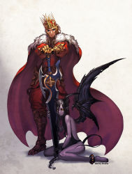  1boy 1girl bad_id bad_pixiv_id barefoot bdsm black_sclera blonde_hair blue_eyes bondage bound cape chain colored_sclera colored_skin crown demon_girl demon_tail demon_wings height_difference horns huge_weapon long_hair looking_at_viewer morry original purple_skin signature sitting slave standing demon_girl sword tail wariza weapon wings yellow_eyes  rating:Sensitive score:61 user:danbooru